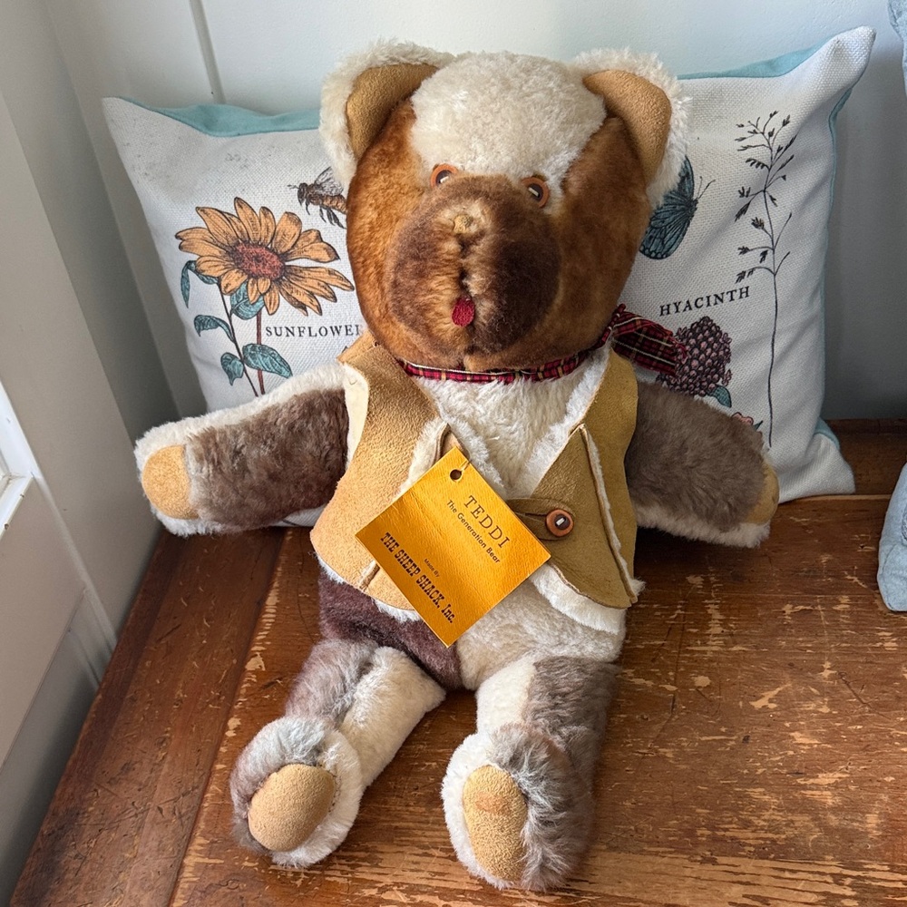 Vintage sheep skin Plush Teddy Bear with Yellow Vest